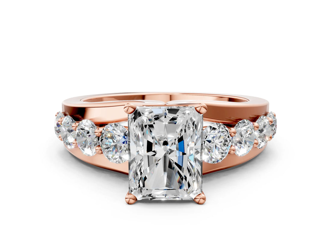 Rose gold Radiant Brilliant Solitaire with Side Stones on a Pave Band and Four-Prong Setting_24
