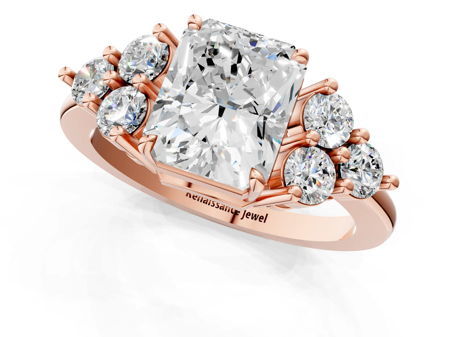 Rose gold Radiant Cut Brilliant Diamond Cluster Accent Solitaire Ring with Prong Setting