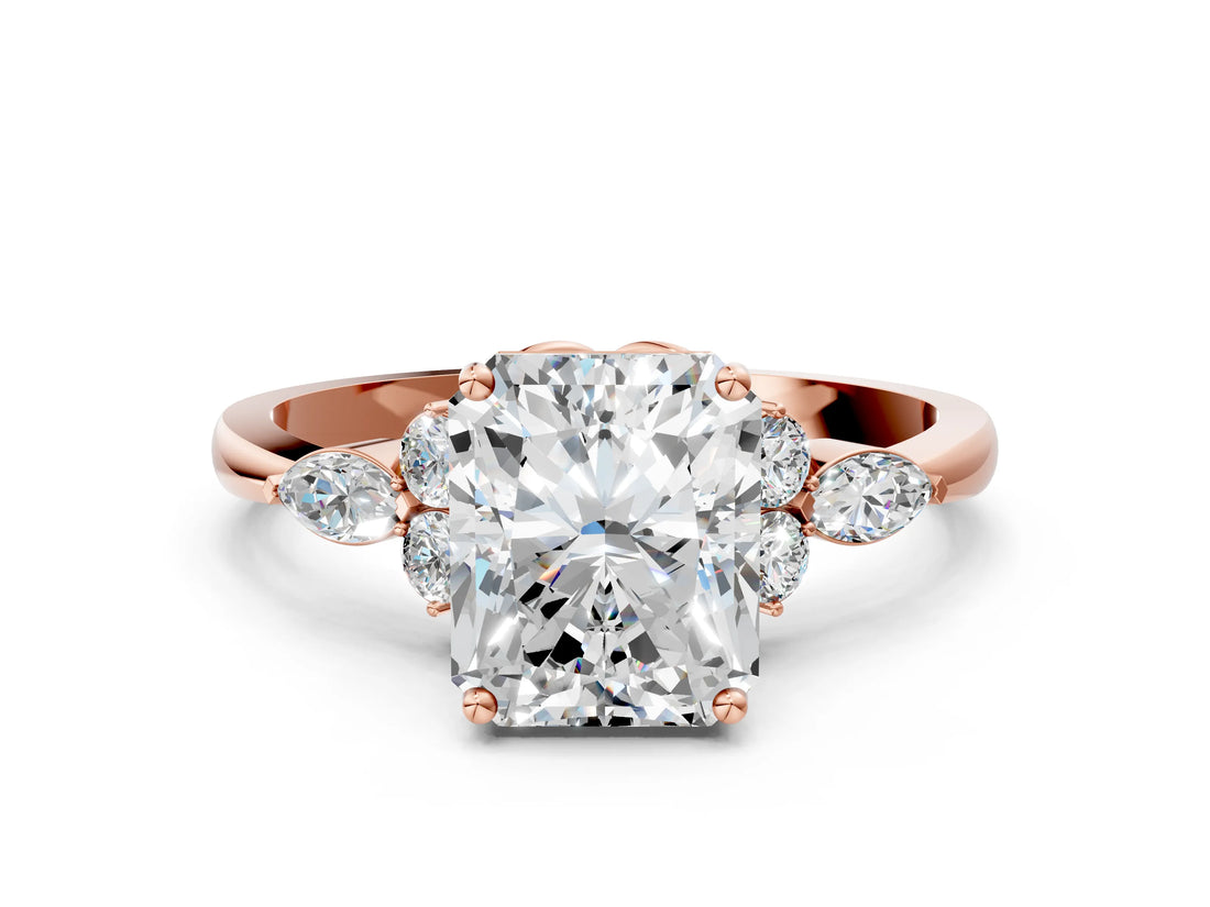 Rose gold Radiant Cut Brilliant Diamond Solitaire Ring with Pear Side Stones and Four-Prong Setting_3