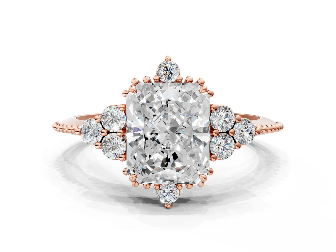 Rose gold Radiant Cut Brilliant Diamond with Cluster Setting on a Beaded Band and Four-Prong Setting_15