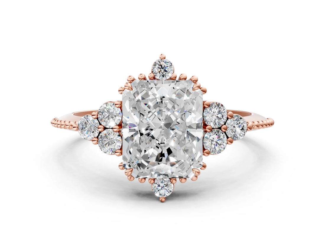 Rose gold Radiant Cut Brilliant Diamond with Cluster Setting on a Beaded Band and Four-Prong Setting_3