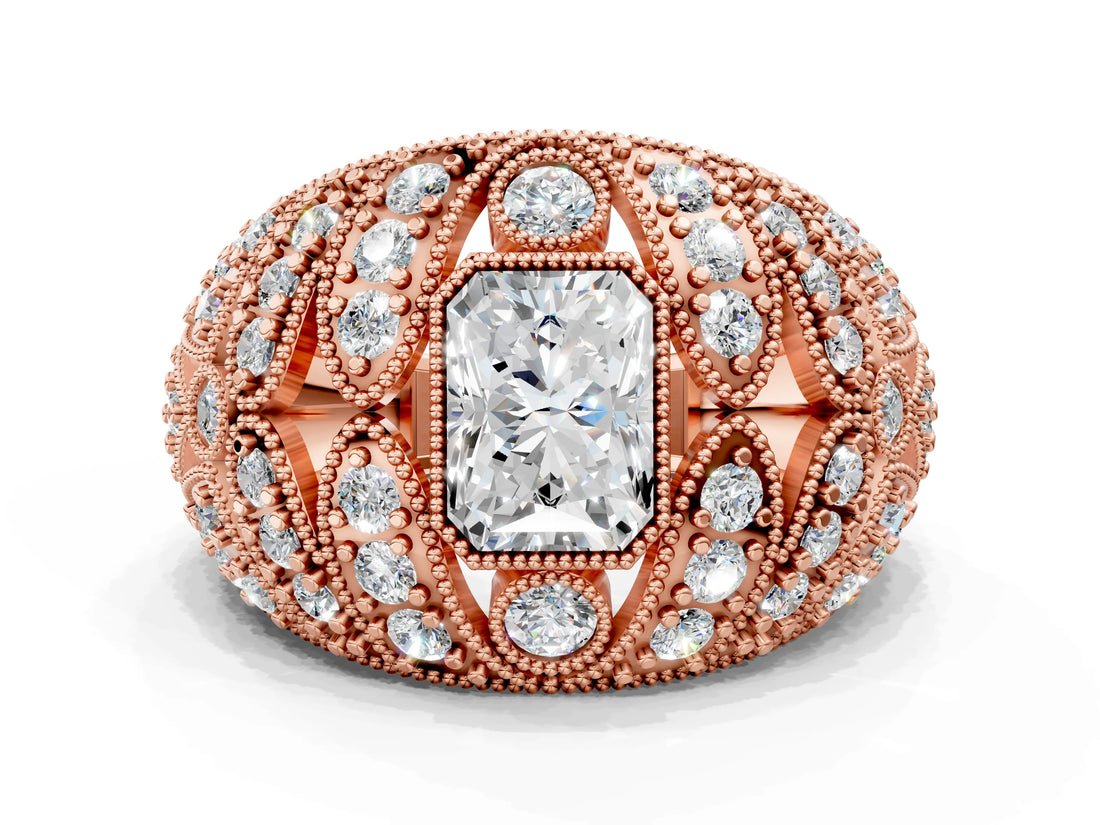 Rose gold Radiant Cut Brilliant Halo Pave Diamond Milgrain Ring_9