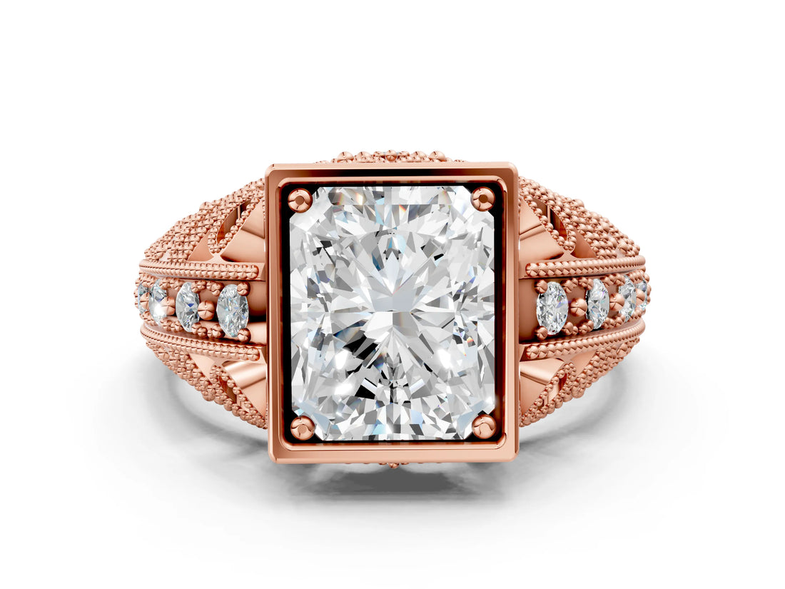 Rose gold Radiant Cut Brilliant Milgrain Filigree Diamond Ring with Square Prong Setting_13