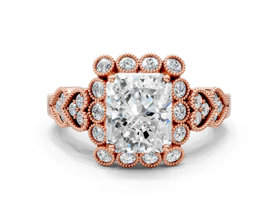 Rose gold Radiant Cut Brilliant Milgrain Pave Heart Band Solitaire Ring_3