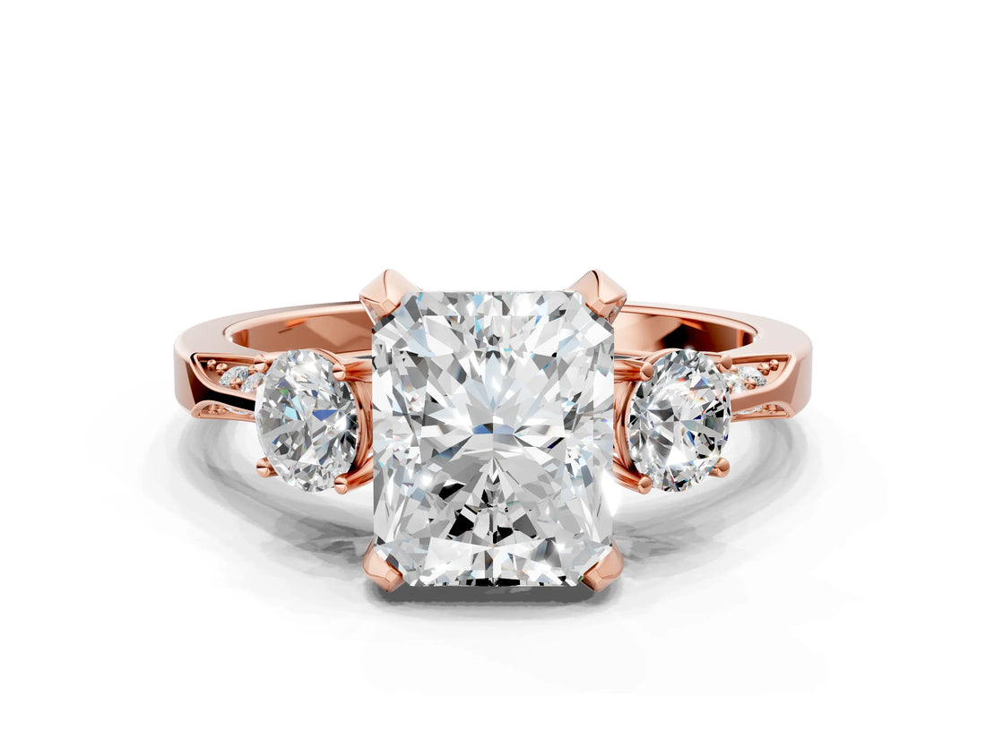 Rose gold Radiant Cut Brilliant Three-Stone Diamond Ring with Pavé Band and Four-Prong Setting_3