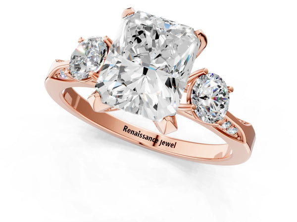 Rose gold Radiant Cut Brilliant Three-Stone Diamond Ring with Pavé Band and Four-Prong Setting