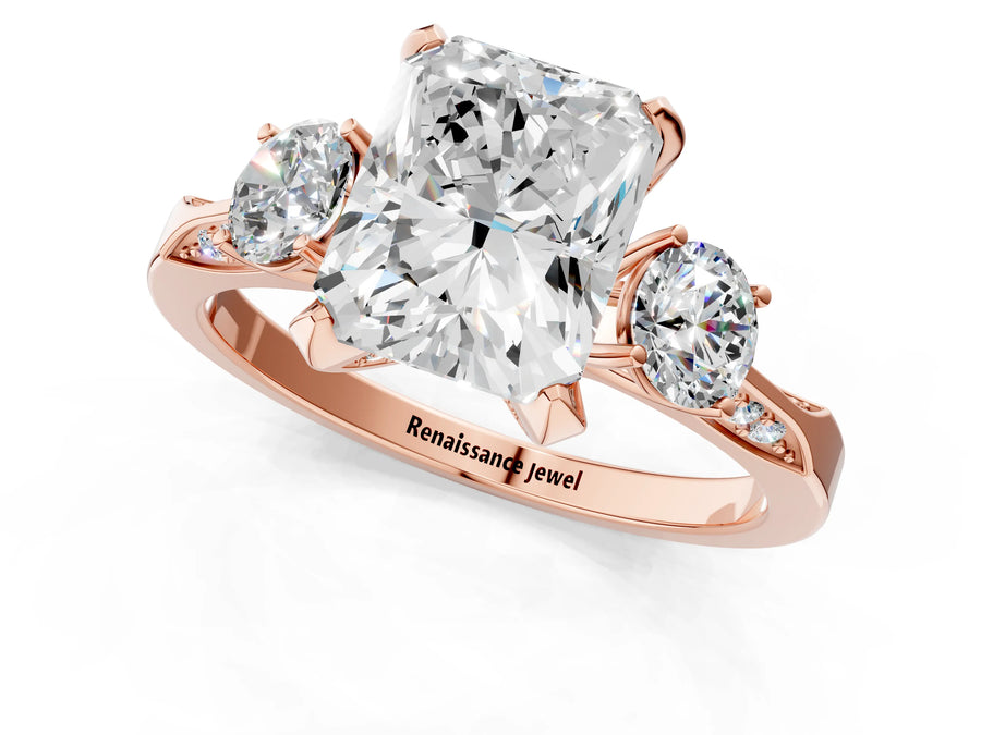 Rose gold Radiant Cut Brilliant Three-Stone Diamond Ring with Pavé Band and Four-Prong Setting