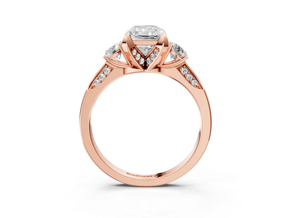 Rose gold Radiant Cut Brilliant Three-Stone Diamond Ring with Pavé Band and Four-Prong Setting