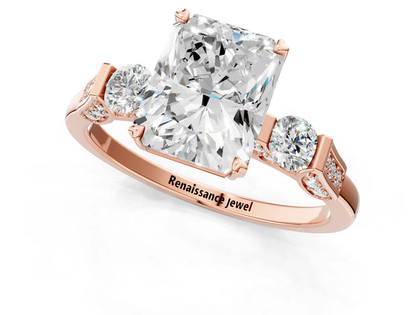 Rose gold Radiant Cut Brilliant Three-Stone Pave Band with Four-Prong Setting