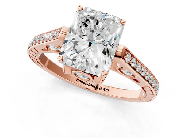 Rose Gold Radiant Cut Cathedral Engagement Ring Setting with Pave Shoulders