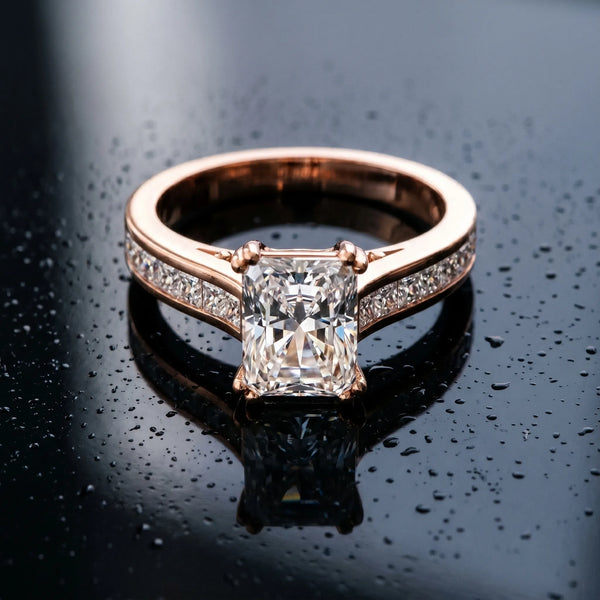 Rose gold Radiant Cut Channel Set Solitaire Engagement Ring with Prong Setting