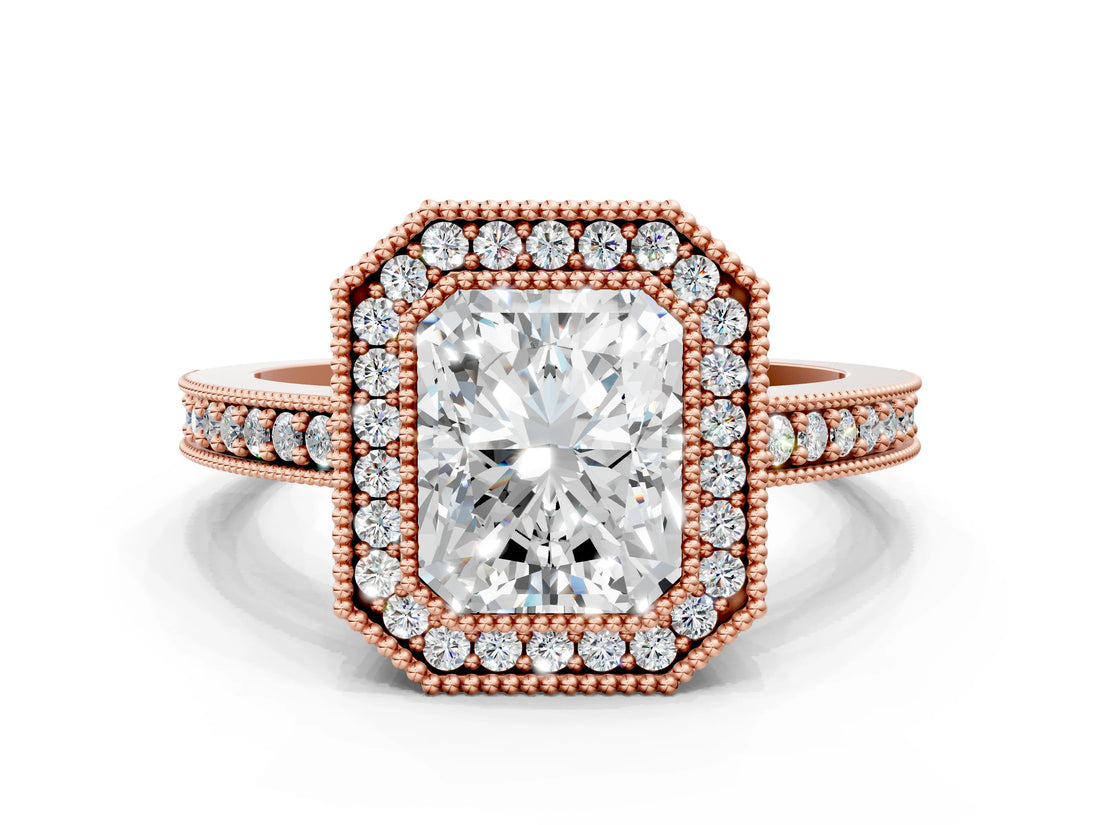 Rose gold Radiant Cut-Cut Diamond Halo Engagement Ring with Pave Band and Prong Setting_9