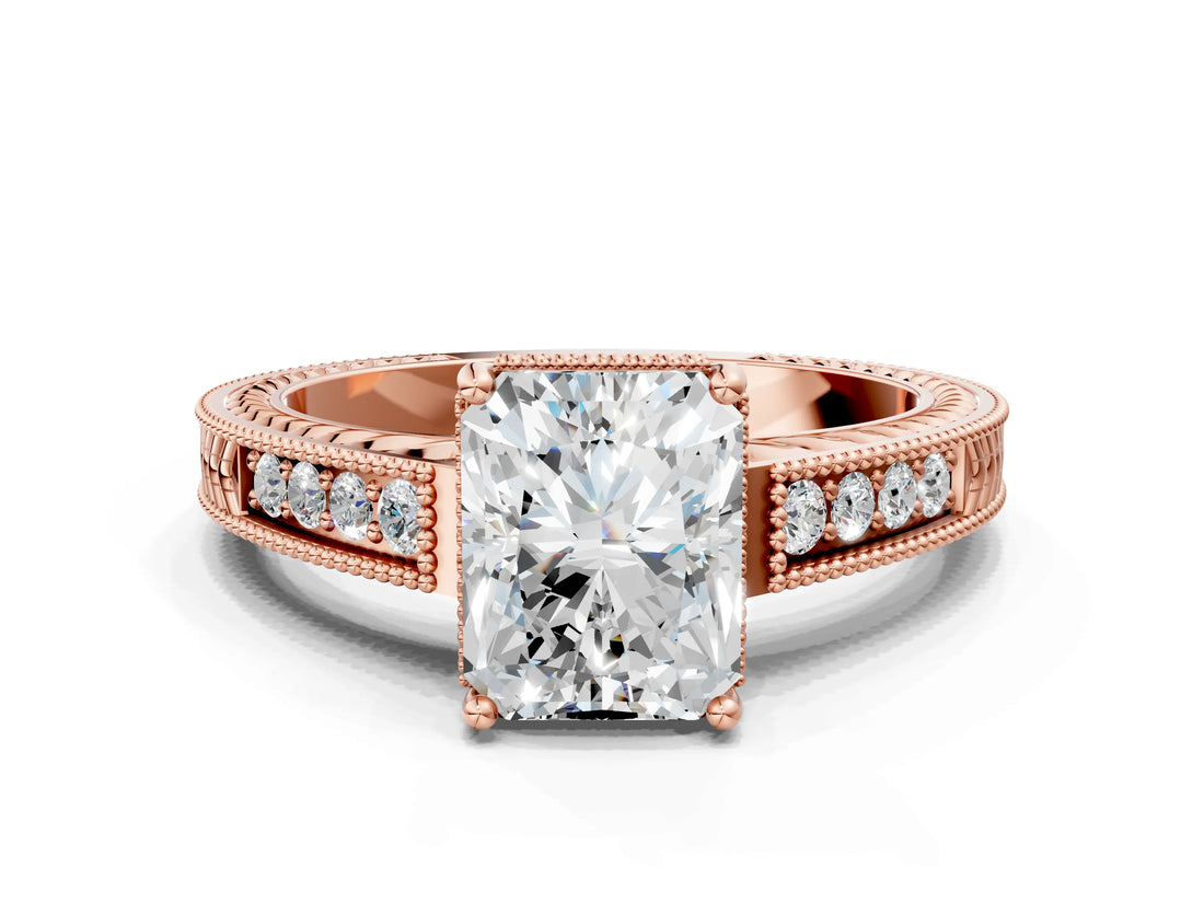 Rose gold Radiant Cut Cut Diamond Milgrain Pave Band Four-Prong Setting Ring_3
