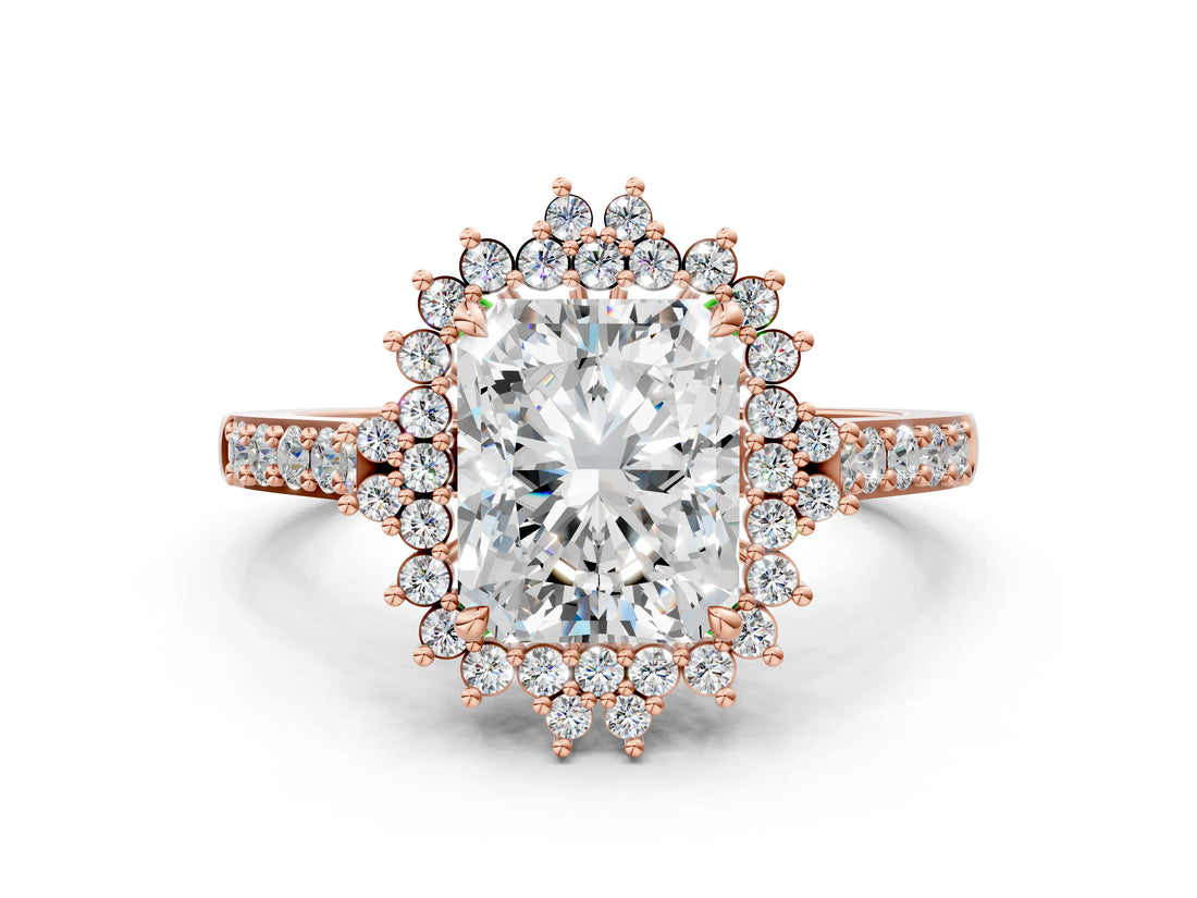 Rose gold Radiant Cut Cut Diamond Sunburst Halo Engagement Ring with Pavé Band_3