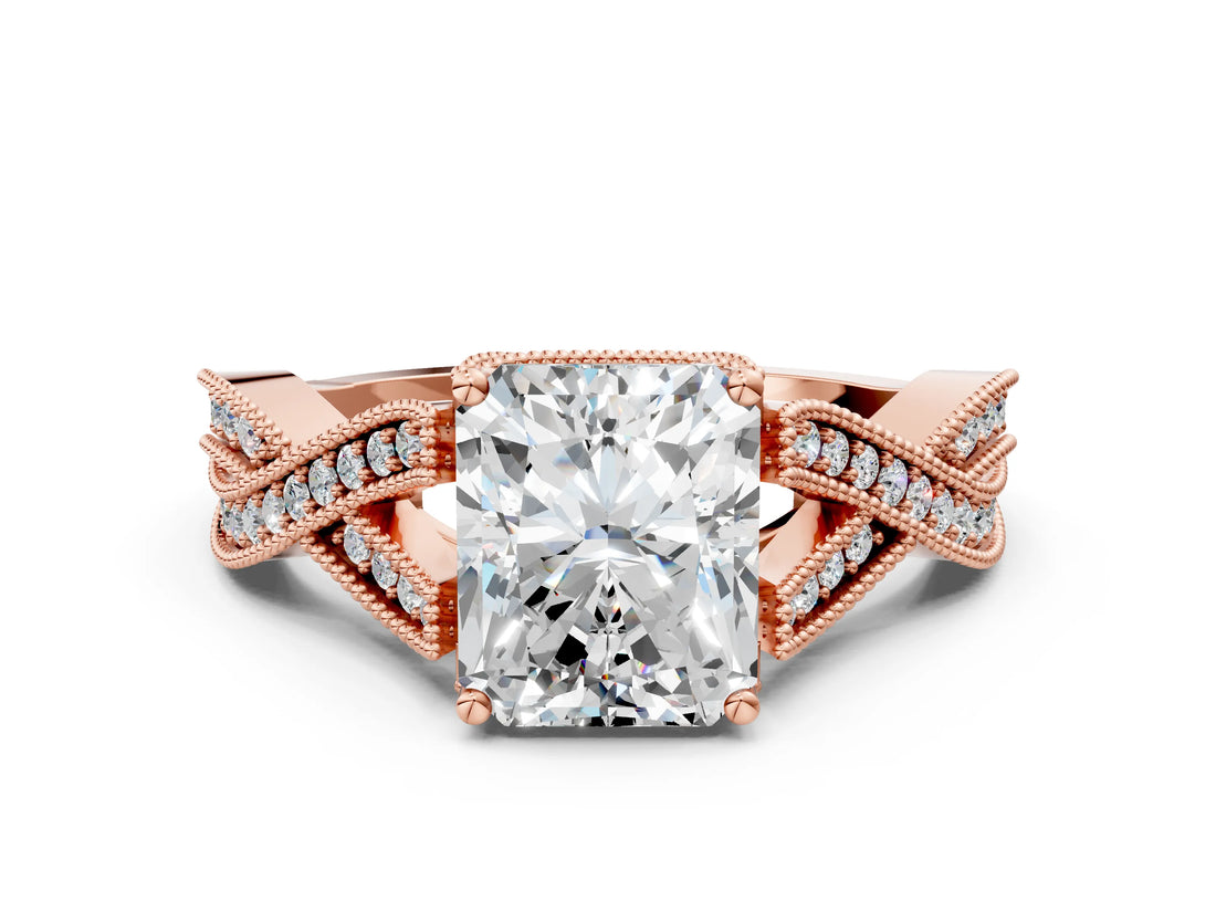 Rose gold Radiant Cut Cut Diamond Twisted Band with Milgrain Pave Setting and Four-Prong Setting_2