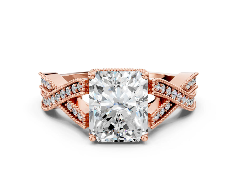 Rose gold Radiant Cut Cut Diamond Twisted Band with Milgrain Pave Setting and Four-Prong Setting