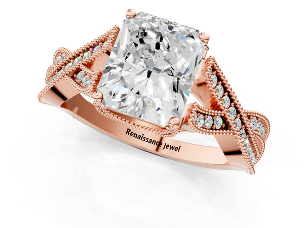 Rose gold Radiant Cut Cut Diamond Twisted Band with Milgrain Pave Setting and Four-Prong Setting