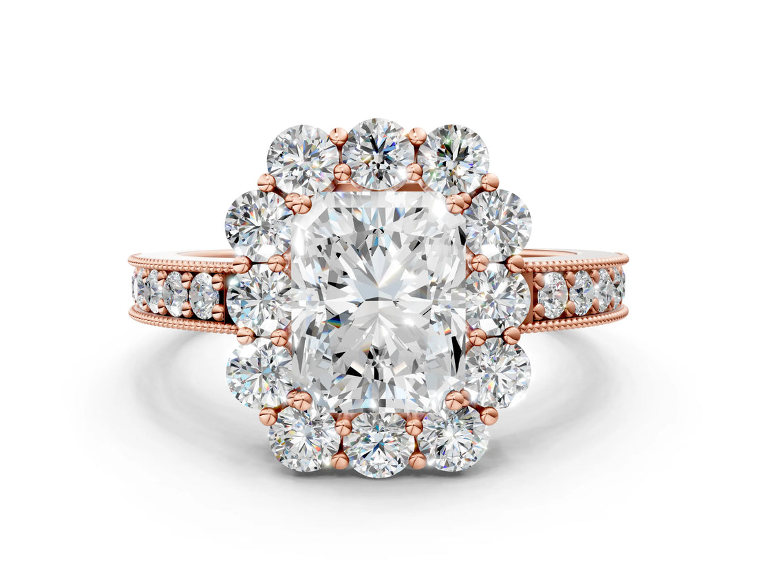 Rose gold Radiant Cut Cut Halo Diamond Pavé Engagement Ring with Milgrain Detailing_15