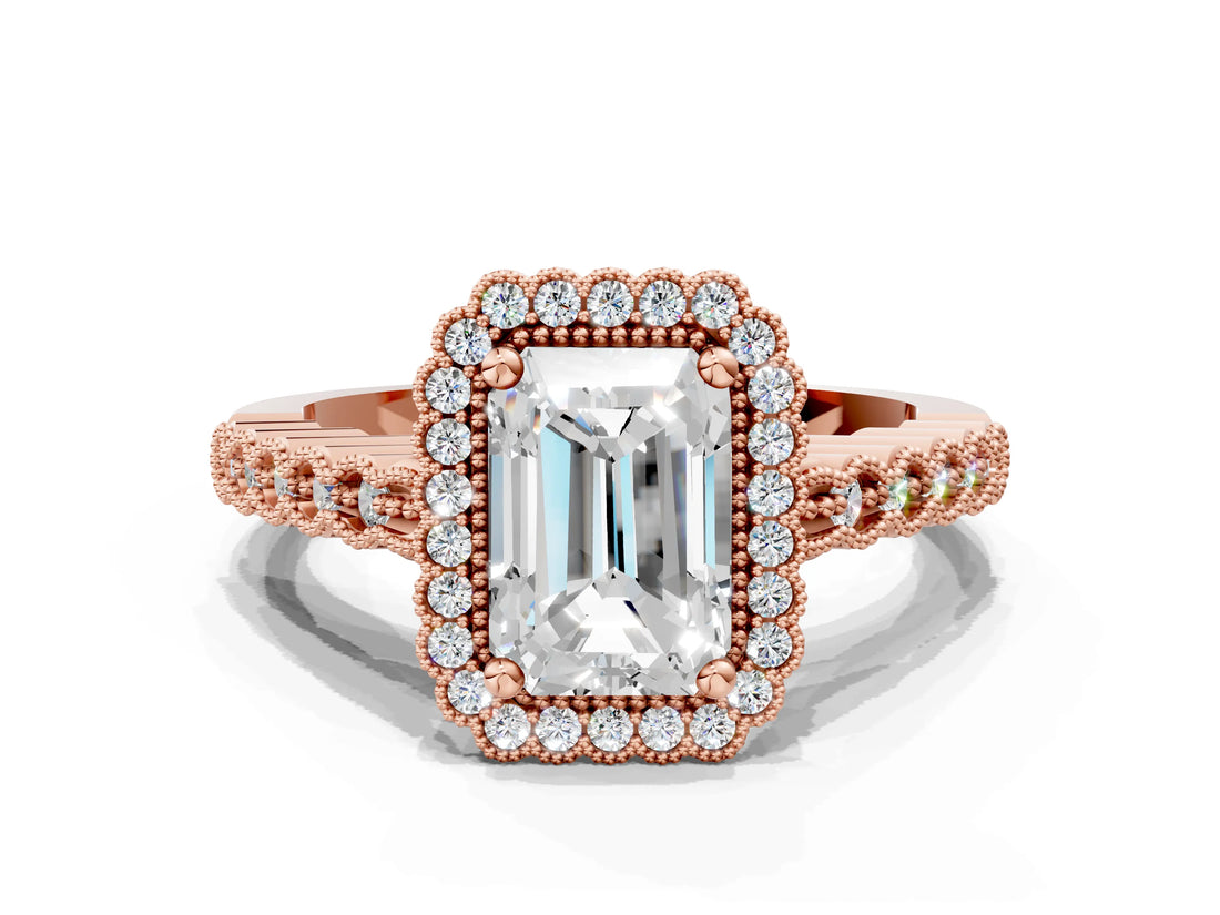 Rose gold Radiant Cut Cut Halo Pavé Solitaire Ring with Milgrain Band_3