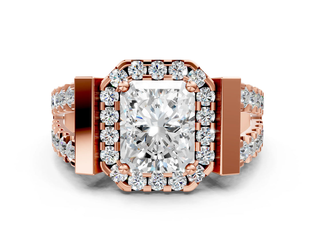Rose gold Radiant Cut Cut Halo Split Shank Prong Set Ring_15