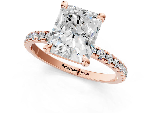 Rose gold Radiant Cut Diamond Brilliant Solitaire Ring with Pavé Band and Four-Prong Setting