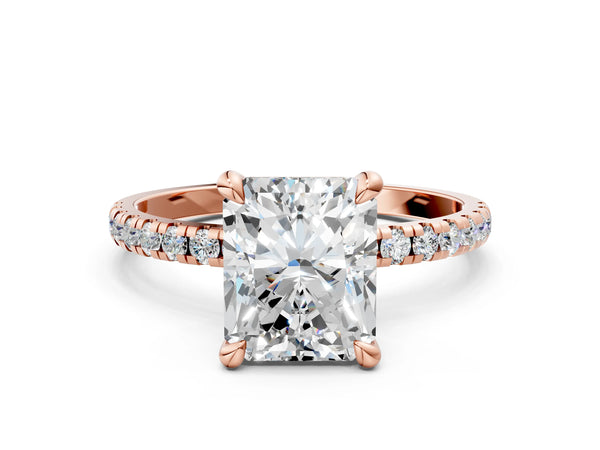 Rose gold Radiant Cut Diamond Brilliant Solitaire Ring with Pavé Band and Four-Prong Setting