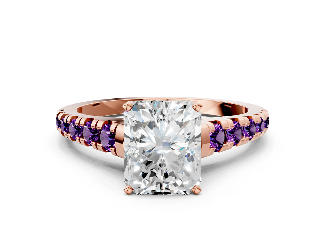 Rose gold Radiant Cut Diamond Cathedral Solitaire Ring with Round with Amethyst side stone Pavé Band_12