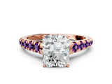 Rose gold Radiant Cut Diamond Cathedral Solitaire Ring with Round with Amethyst side stone Pavé Band_12