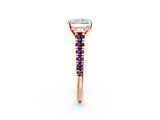 Rose gold Radiant Cut Diamond Cathedral Solitaire Ring with Round with Amethyst side stone Pavé Band_14