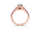 Rose gold Radiant Cut Diamond Cathedral Solitaire Ring with Round with Amethyst side stone Pavé Band_15