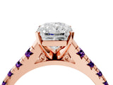 Rose gold Radiant Cut Diamond Cathedral Solitaire Ring with Round with Amethyst side stone Pavé Band_16