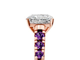 Rose gold Radiant Cut Diamond Cathedral Solitaire Ring with Round with Amethyst side stone Pavé Band_17