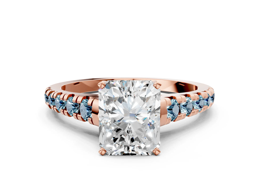 Rose gold Radiant Cut Diamond Cathedral Solitaire Ring with Round with Aquamarine side stone Pavé Band_12