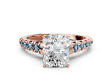 Rose gold Radiant Cut Diamond Cathedral Solitaire Ring with Round with Aquamarine side stone Pavé Band_12