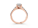 Rose gold Radiant Cut Diamond Cathedral Solitaire Ring with Round with Aquamarine side stone Pavé Band_15