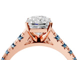 Rose gold Radiant Cut Diamond Cathedral Solitaire Ring with Round with Aquamarine side stone Pavé Band_16