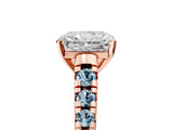 Rose gold Radiant Cut Diamond Cathedral Solitaire Ring with Round with Aquamarine side stone Pavé Band_17