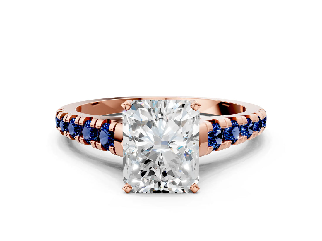Rose gold Radiant Cut Diamond Cathedral Solitaire Ring with Round with Blue Sapphire side stone Pavé Band_12