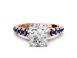 Rose gold Radiant Cut Diamond Cathedral Solitaire Ring with Round with Blue Sapphire side stone Pavé Band_12