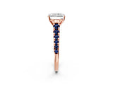Rose gold Radiant Cut Diamond Cathedral Solitaire Ring with Round with Blue Sapphire side stone Pavé Band_14