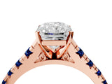 Rose gold Radiant Cut Diamond Cathedral Solitaire Ring with Round with Blue Sapphire side stone Pavé Band_16