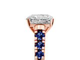 Rose gold Radiant Cut Diamond Cathedral Solitaire Ring with Round with Blue Sapphire side stone Pavé Band_17