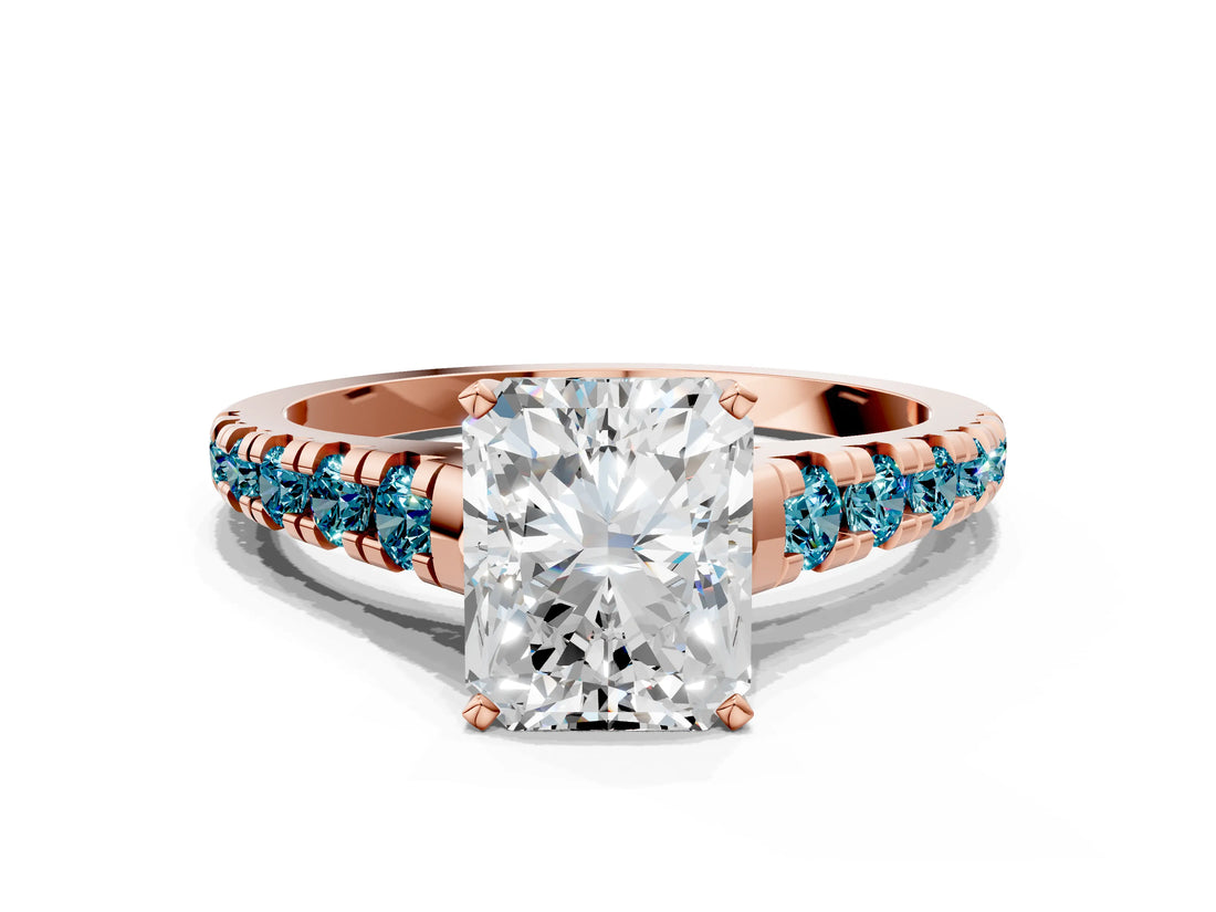 Rose gold Radiant Cut Diamond Cathedral Solitaire Ring with Round with Blue Topaz side stone Pavé Band