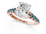 Rose gold Radiant Cut Diamond Cathedral Solitaire Ring with Round with Blue Topaz side stone Pavé Band_1