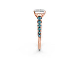Rose gold Radiant Cut Diamond Cathedral Solitaire Ring with Round with Blue Topaz side stone Pavé Band_2