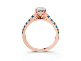 Rose gold Radiant Cut Diamond Cathedral Solitaire Ring with Round with Blue Topaz side stone Pavé Band_3