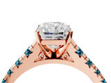 Rose gold Radiant Cut Diamond Cathedral Solitaire Ring with Round with Blue Topaz side stone Pavé Band_4