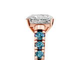 Rose gold Radiant Cut Diamond Cathedral Solitaire Ring with Round with Blue Topaz side stone Pavé Band_5
