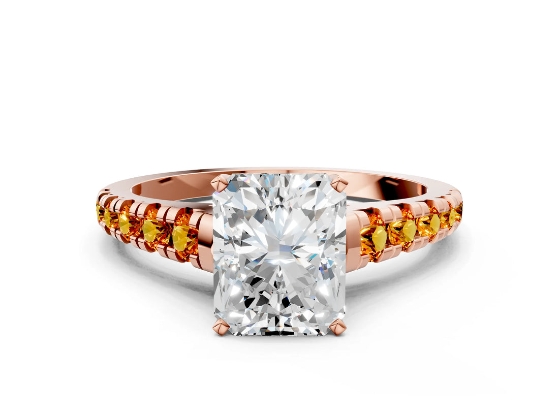 Rose gold Radiant Cut Diamond Cathedral Solitaire Ring with Round with Citrine side stone Pavé Band_24