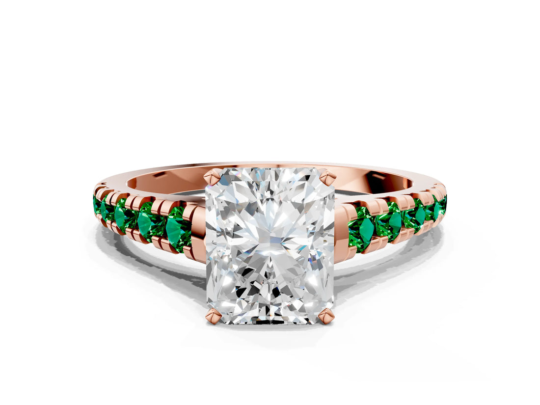 Rose gold Radiant Cut Diamond Cathedral Solitaire Ring with Round with Emerald side stone Pavé Band